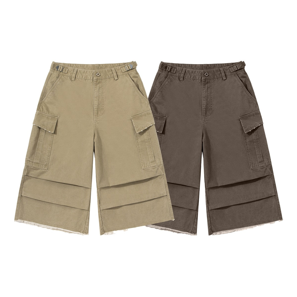 Front view of wide-leg cargo pants in khaki and dark brown, with flap pockets and frayed hems.