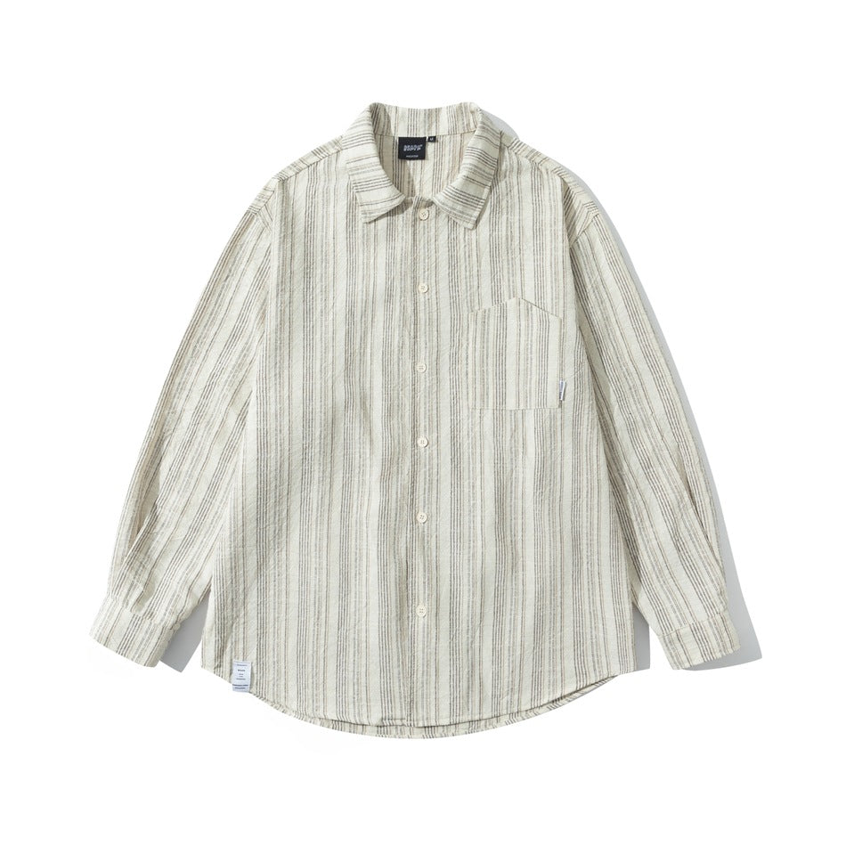 Khaki-beige striped long-sleeve button-up shirt with chest pocket, flat lay front view