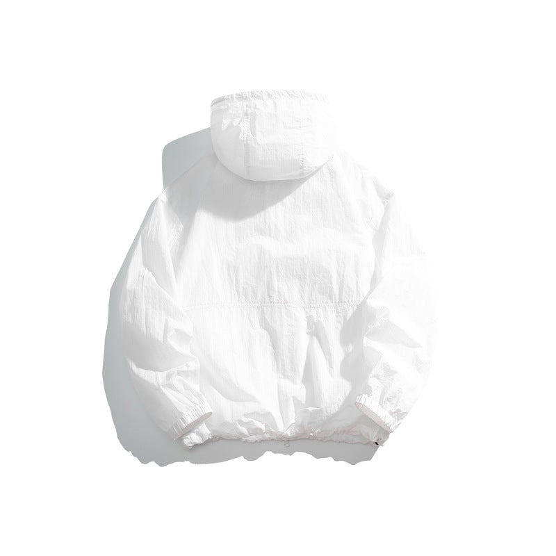 Back view of a white hooded jacket with elastic cuffs and hem, shown flat against a white background.