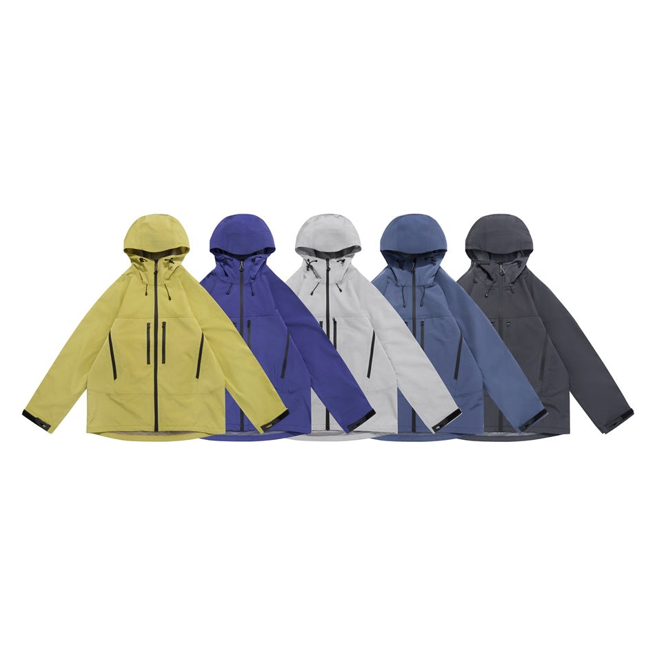 Five hooded jackets displayed together in yellow, violet, light gray, blue-gray, and charcoal.