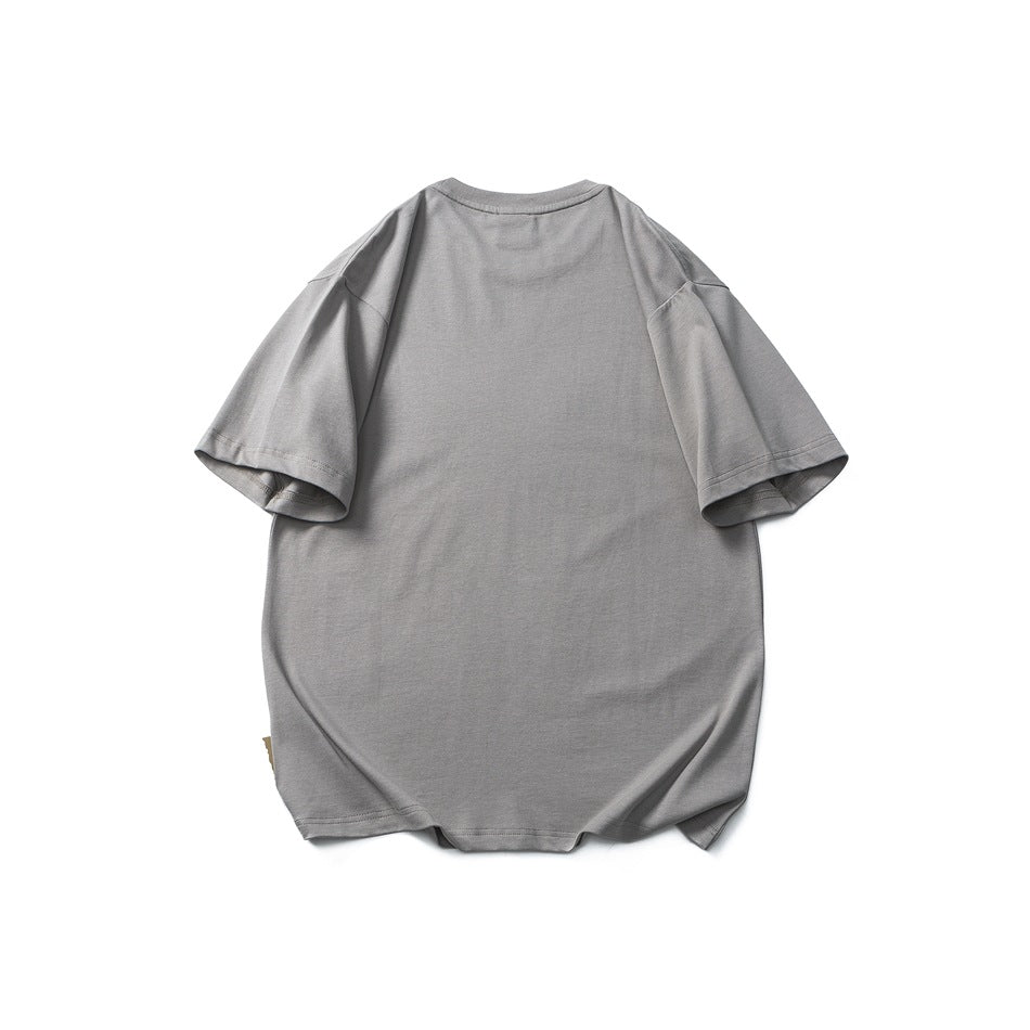 Back view of a plain gray short-sleeve crew neck T-shirt flat lay with dropped shoulders