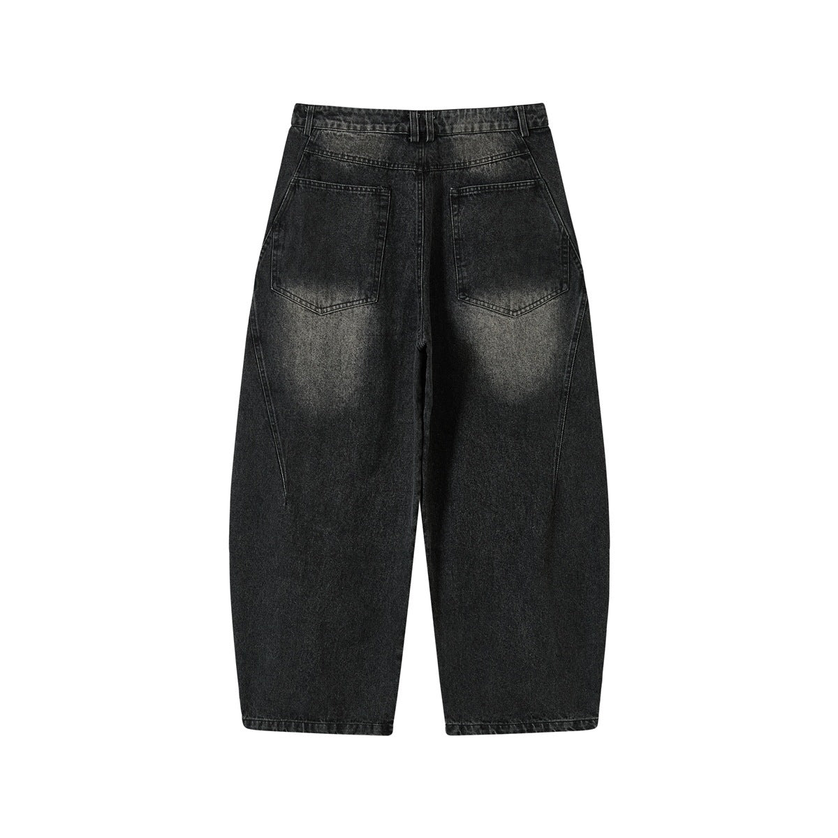 Back view of black faded-wash wide-leg denim jeans showing two patch pockets and seat fading