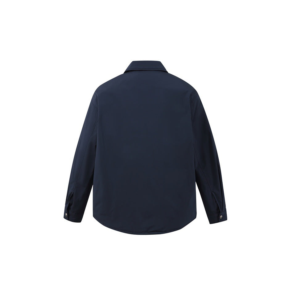 Back view of a navy long-sleeve shirt jacket with a pointed collar and rounded hem.