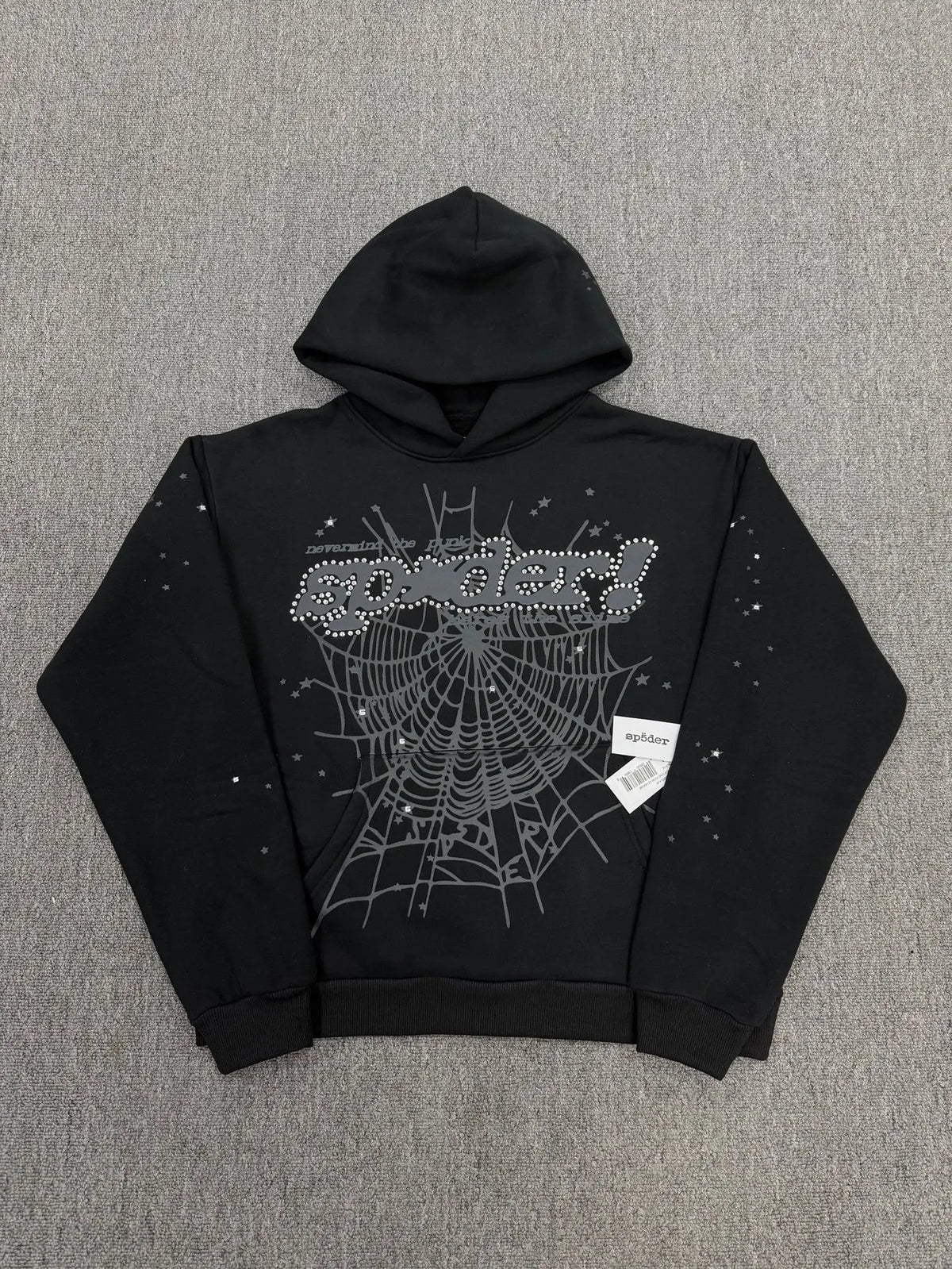 Black Sp5der pullover hoodie with rhinestone logo and spider web graphic print on the chest