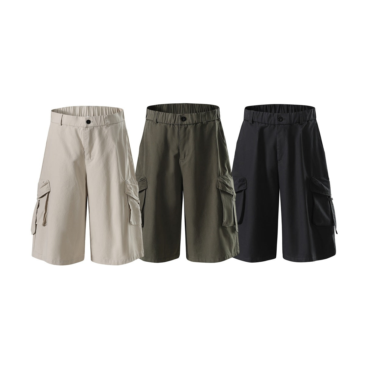 Front views of wide-leg cargo shorts in light beige, olive green and black, each with large side flap pockets.