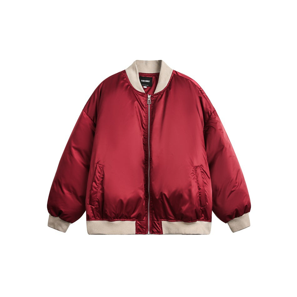 Red satin-look bomber jacket with beige ribbed collar, cuffs and hem, front zipper, flat lay