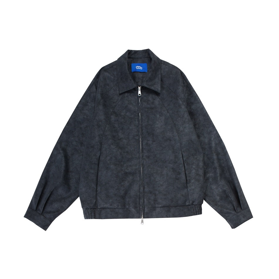 Charcoal-gray faux suede zip jacket with pointed collar, raglan seams and elastic hem, flat front view
