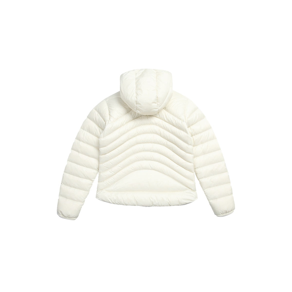 Back view of an ivory hooded puffer jacket with curved quilted channels.