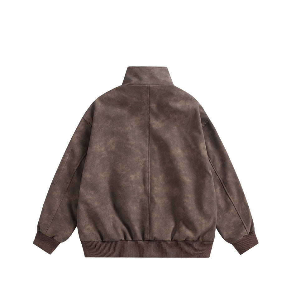 Back view of brown distressed faux-leather jacket with stand collar, center back seam and ribbed hem