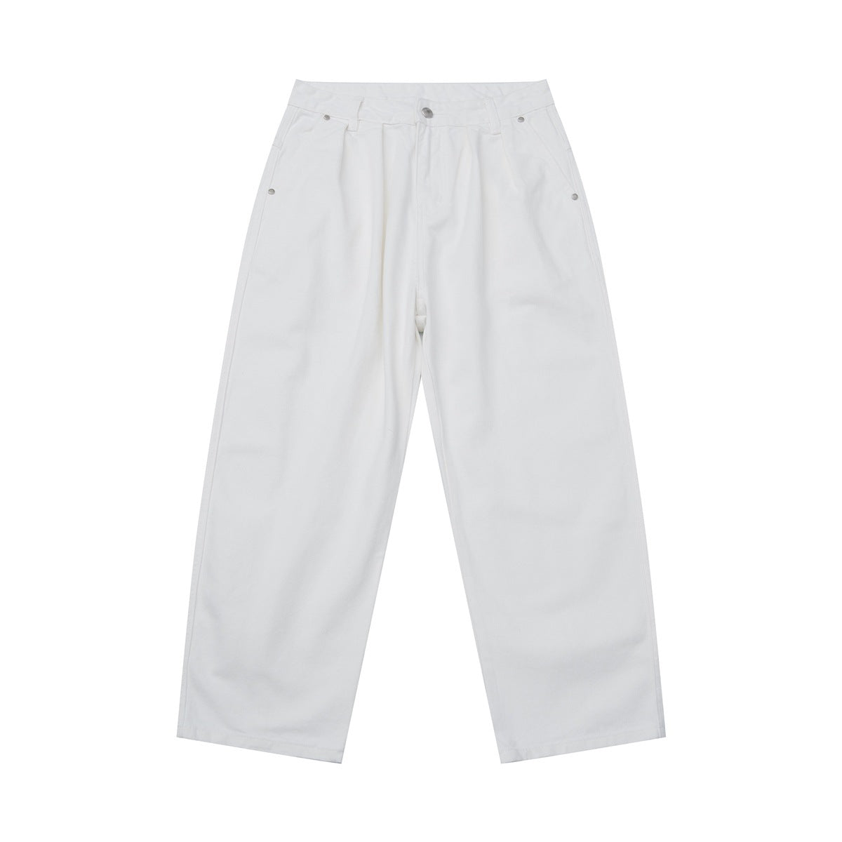 White wide straight-leg pants flat lay, front view with button waist, front pleats and side pockets