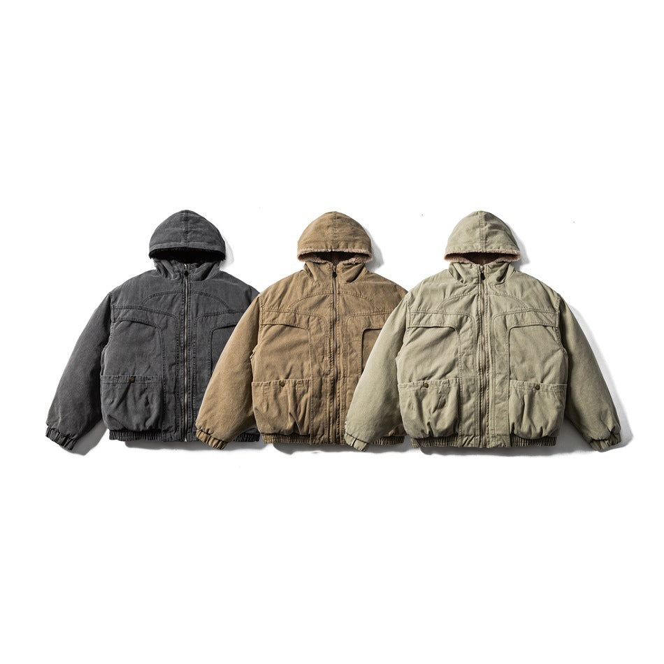 Three hooded jackets arranged side by side in charcoal gray, brown, and pale olive, shown from the front.