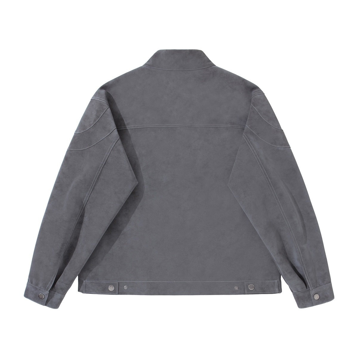 Back view of a gray jacket with a stand collar, paneled sleeves, snap cuffs, and adjustable hem tabs.