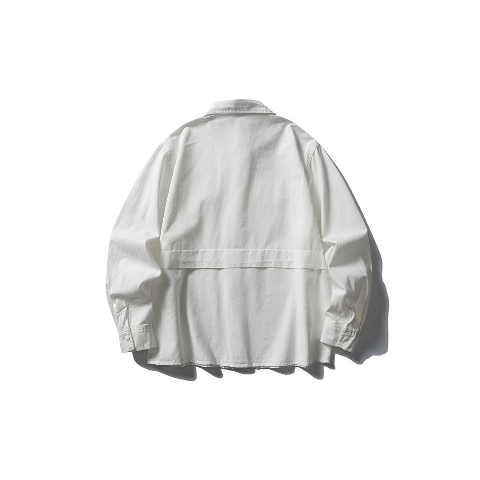 Back view of a white long-sleeve shirt with a pointed collar and horizontal back yoke seam.