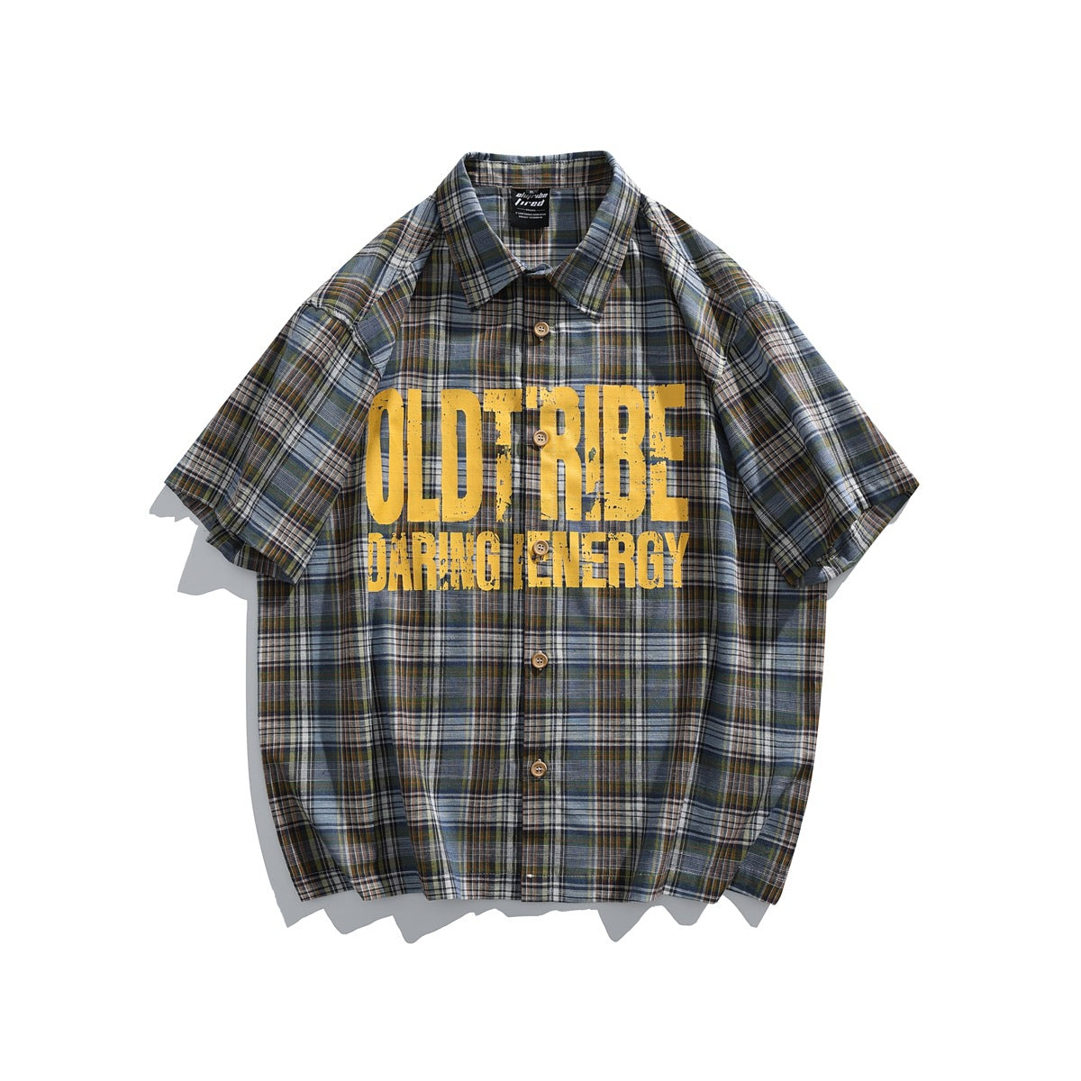 Blue, green and brown plaid short-sleeve button shirt with a large yellow distressed text print on the chest, flat lay