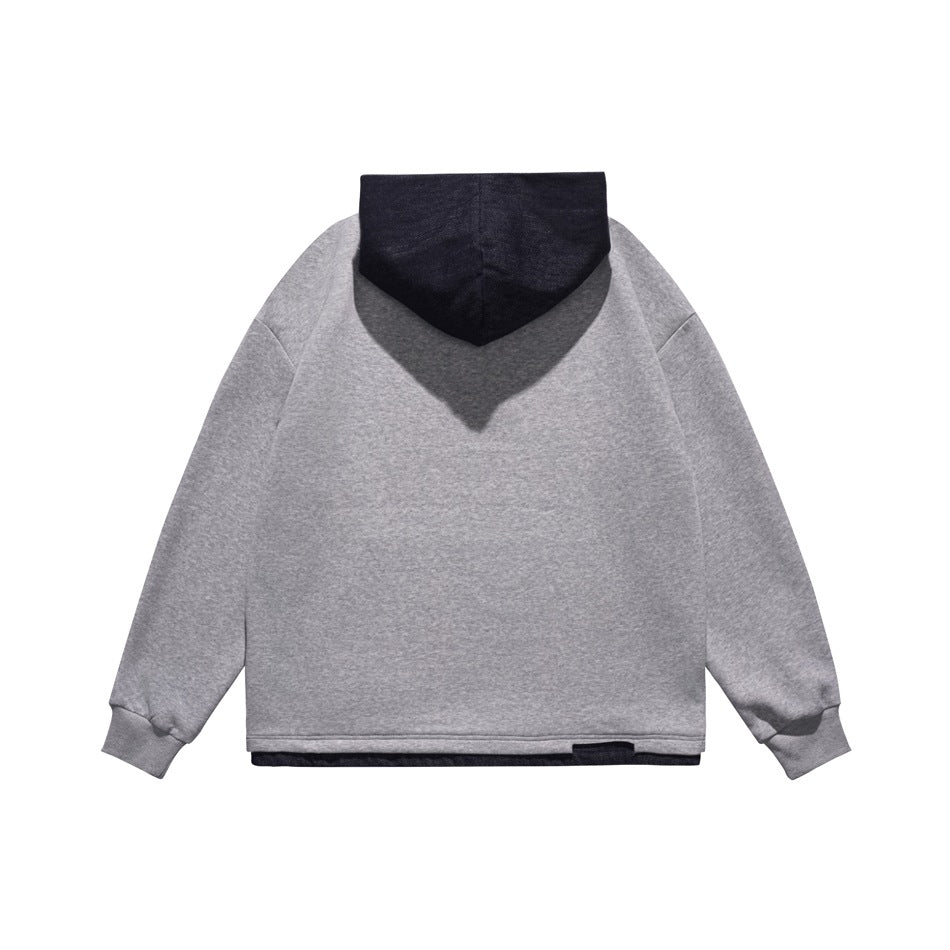 Back view of a gray hooded pullover with a contrasting dark hood and ribbed cuffs.