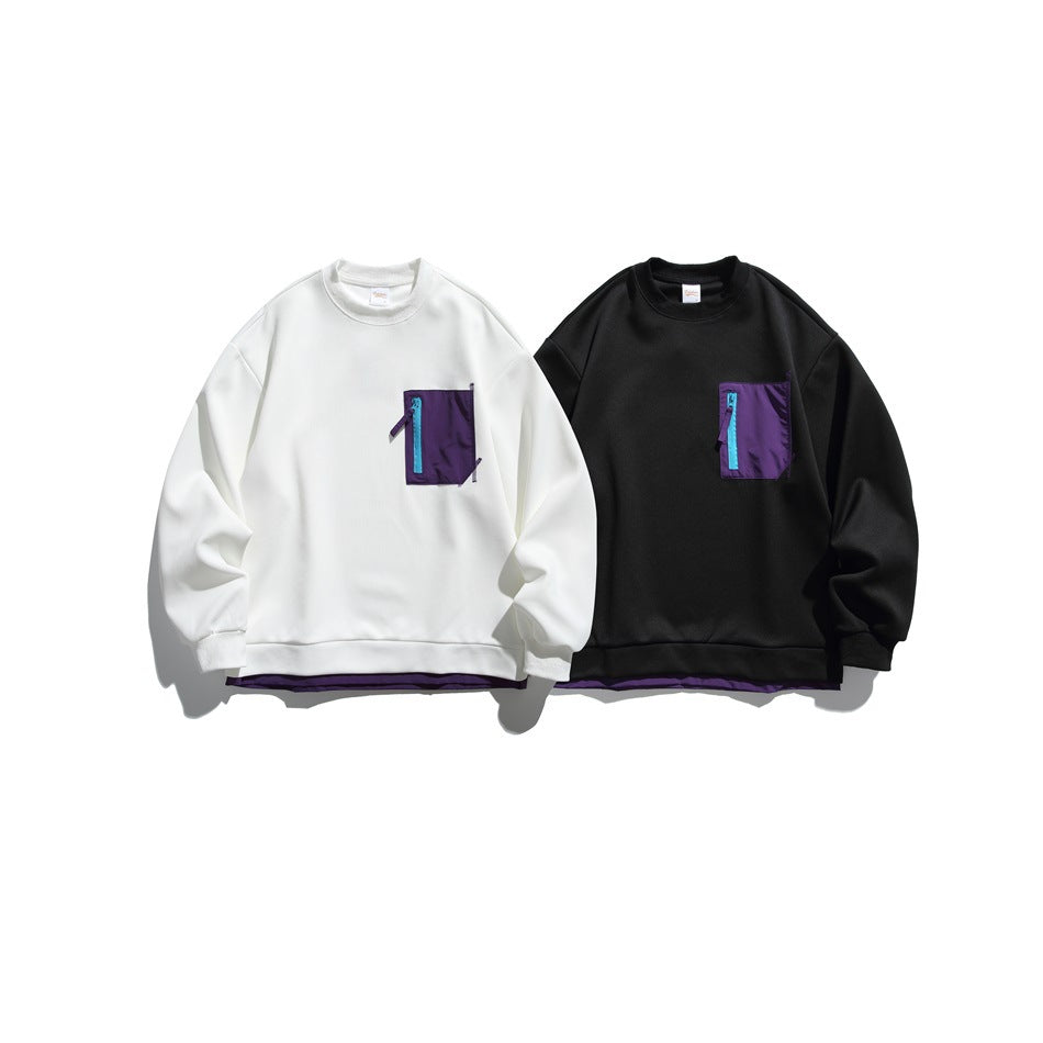 Front view of ivory and black crewneck sweatshirts, both with purple chest pockets, cyan zippers, and purple hem accents.