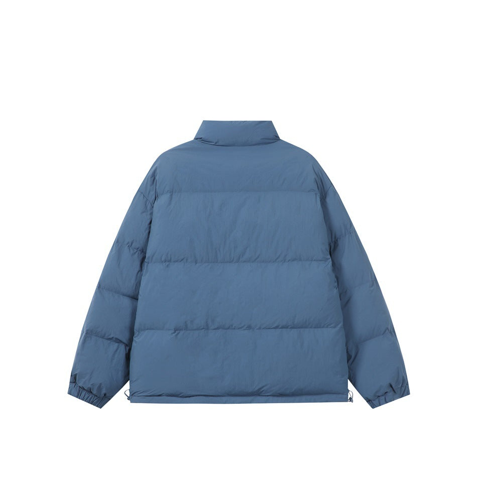 Back view of a blue puffer jacket with a high collar and horizontal quilted panels.