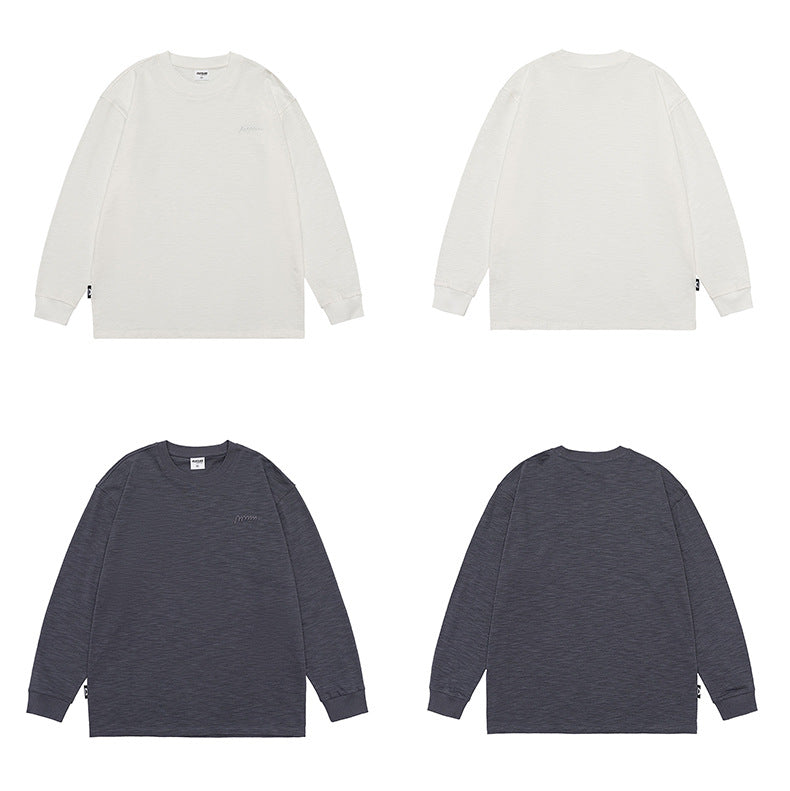 Flat display of white and charcoal long-sleeve shirts, each shown from the front and back.