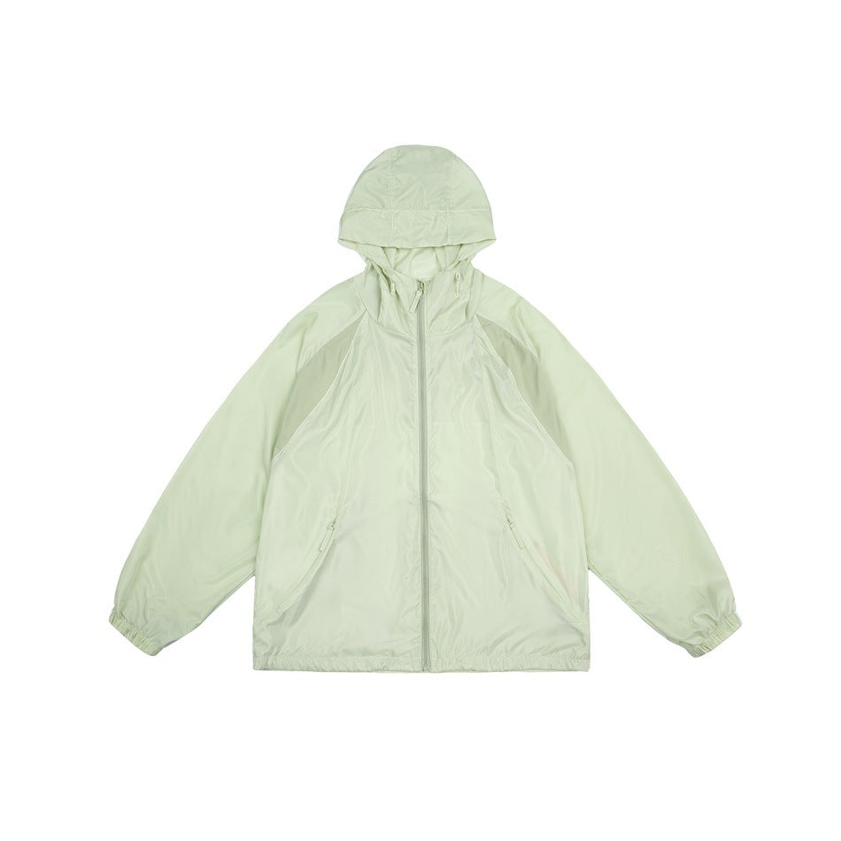 Green hooded zip-up lightweight jacket flat lay with contrast shoulder panels, front pockets and elastic cuffs
