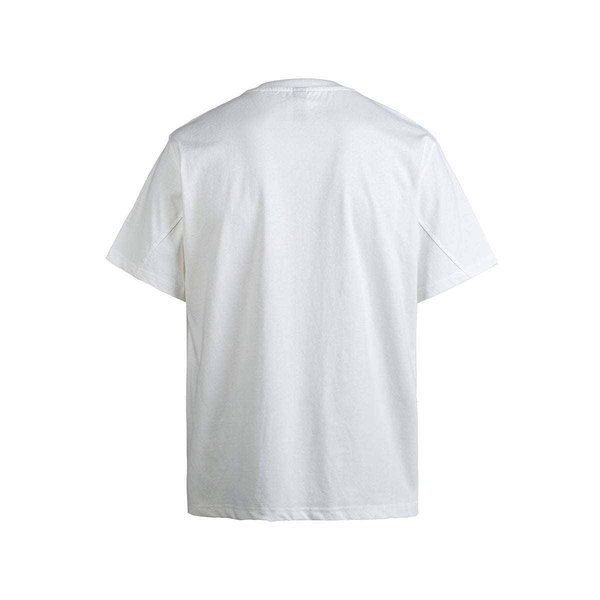 White short-sleeve crew-neck T-shirt, back view, plain with a ribbed crew neckline