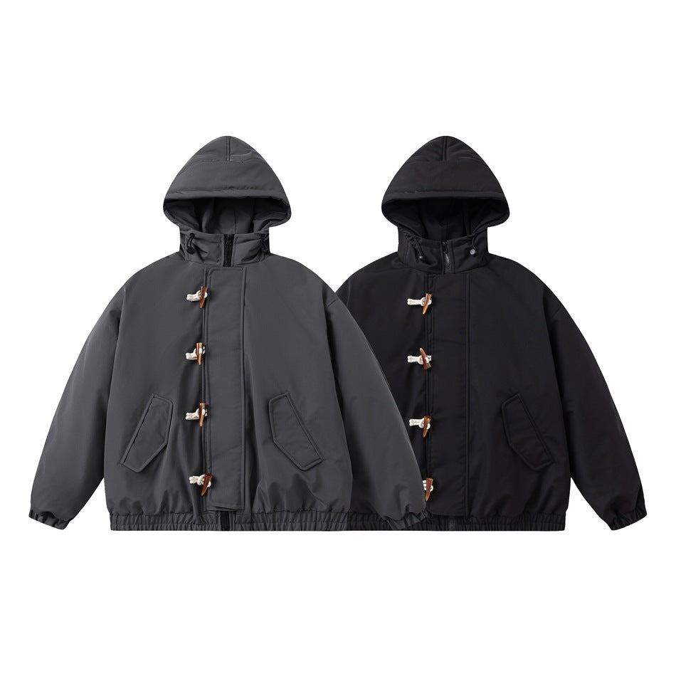Two hooded toggle-front jackets shown together in charcoal gray and black.