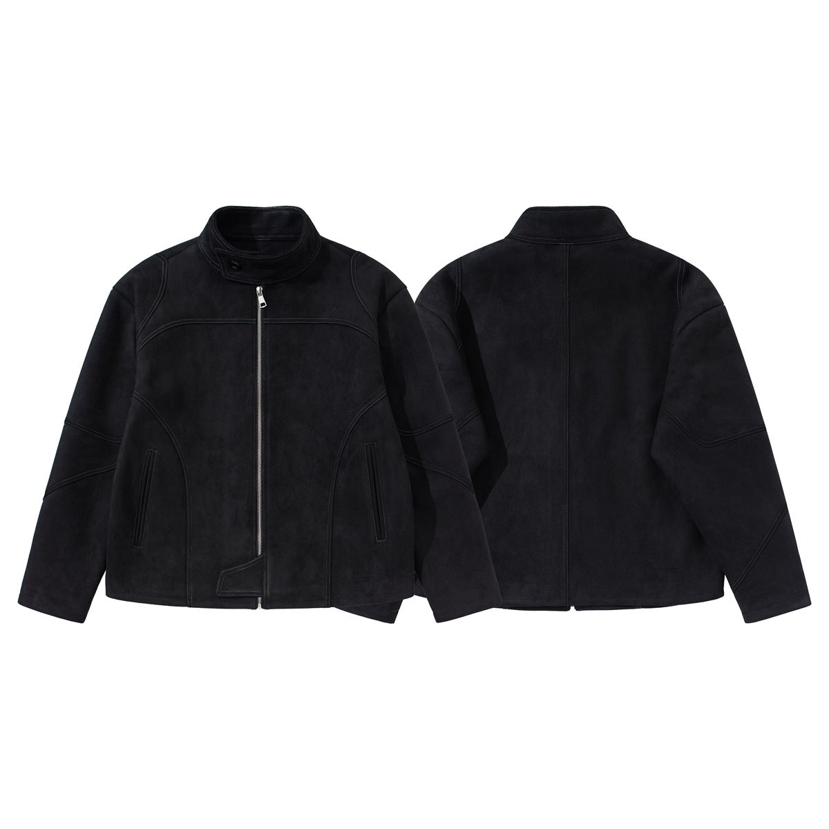 Black stand-collar jacket shown flat from the front and back, with a center zipper and panel seams.