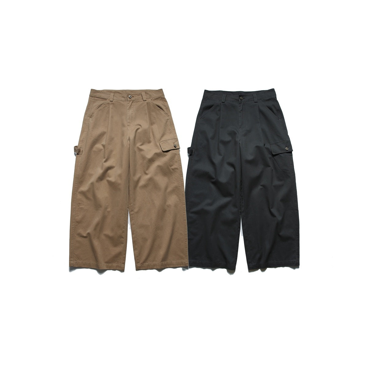 Two pairs of wide-leg cargo trousers shown from the front in tan and dark charcoal.