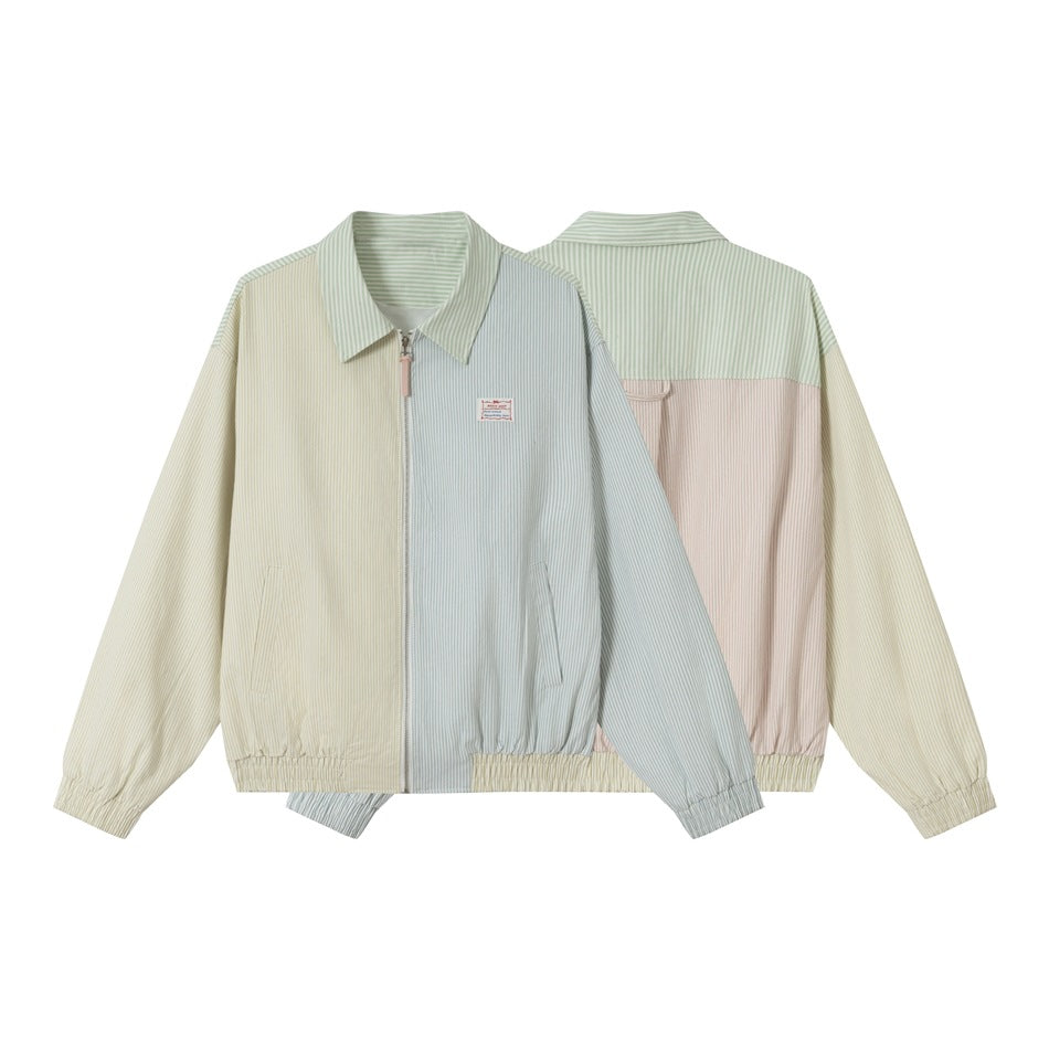 Front and back views of a color-block pinstriped zip jacket in cream, pale blue, and pale pink.