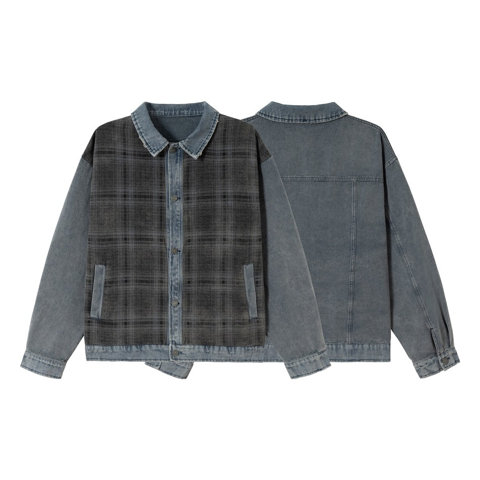 Flat product view of a charcoal plaid jacket with denim sleeves and trim, showing the front and back.