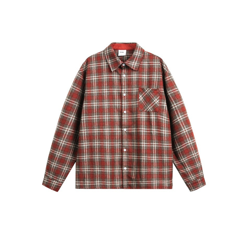 Red, cream and brown plaid long-sleeve button-up shirt with chest pocket, flat front view on white