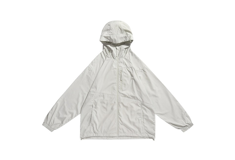 Light off-white hooded zip jacket flat lay with chest zip pocket, front pockets, elastic cuffs and drawcord hem