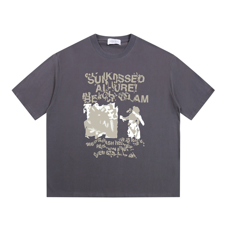 Gray short-sleeve crew neck t-shirt with a large distressed beige graphic and lettering on the front