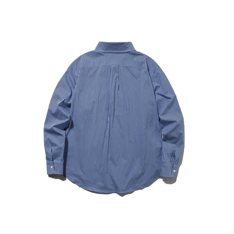 Back view of a blue and white gingham long-sleeve shirt showing the shoulder yoke and curved hem
