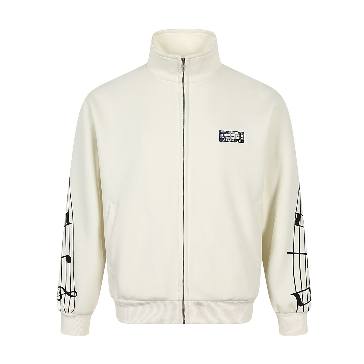 Cream-white zip jacket with stand collar, chest patch and black music staff print on the sleeves, front view