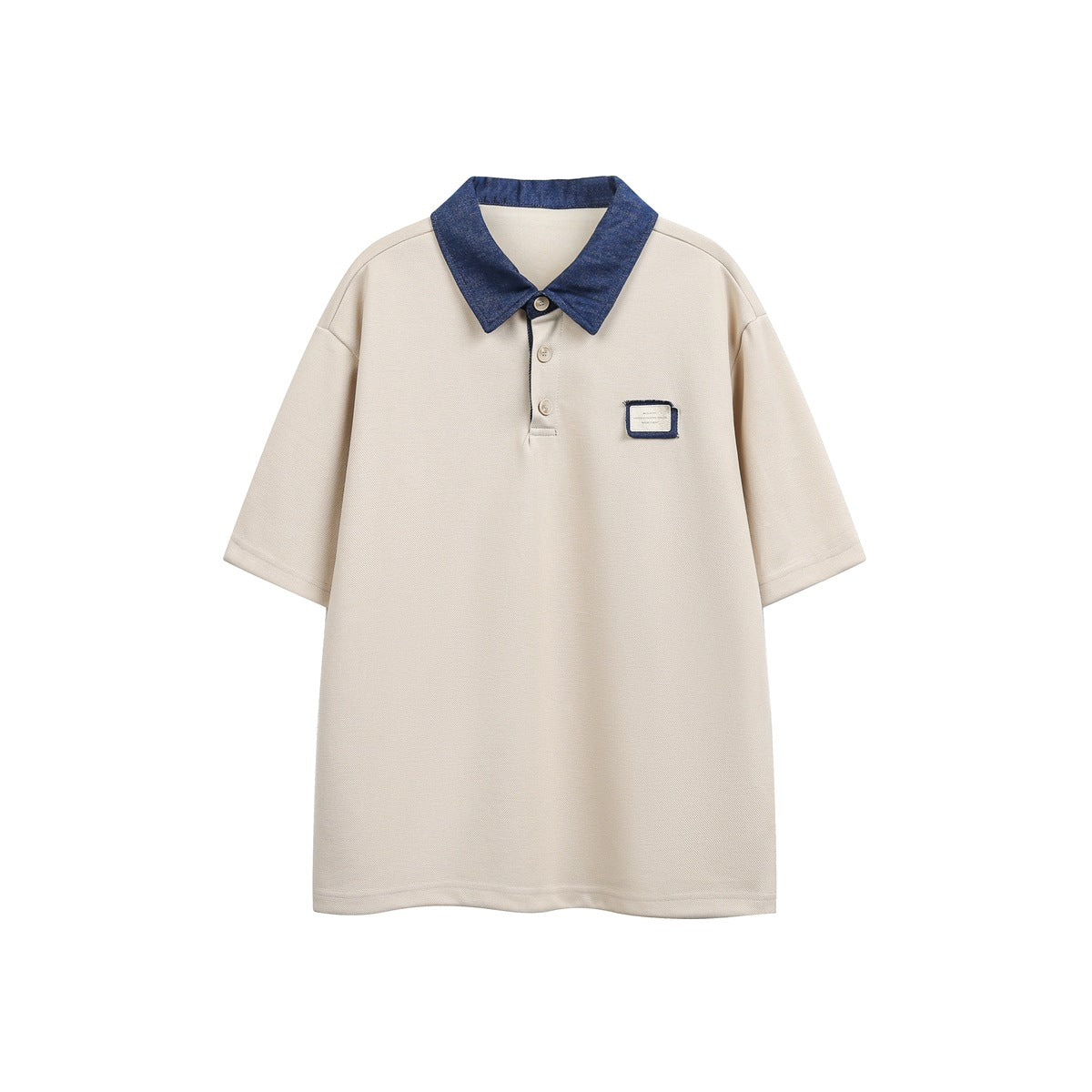 Light khaki short-sleeve polo shirt with blue denim-look collar, three buttons and a small chest patch, front view