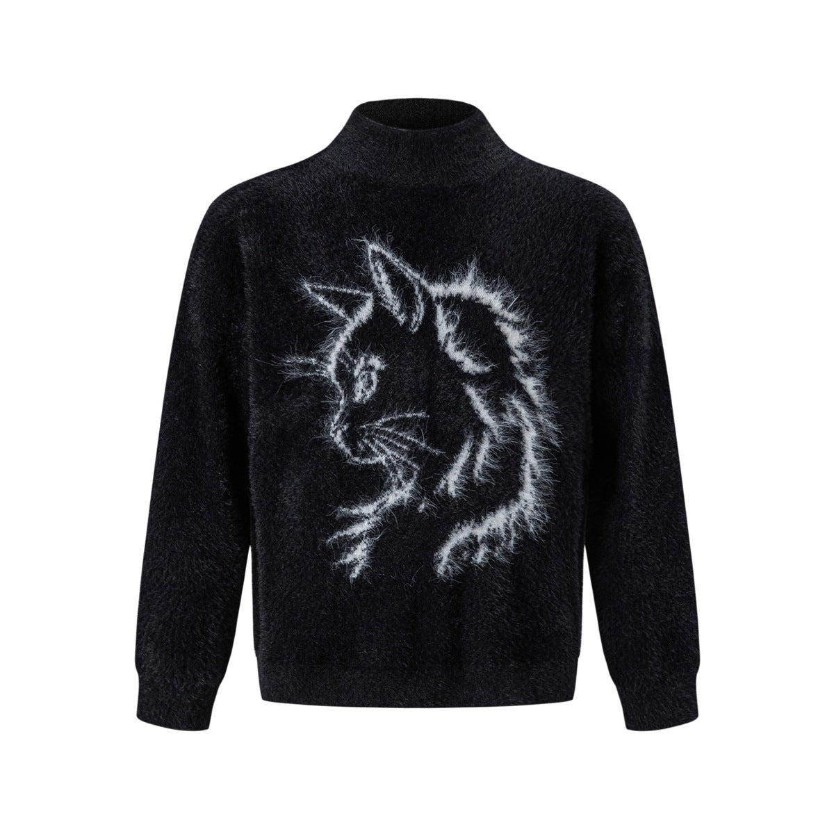 Black fuzzy knit mock-neck sweater with a white cat profile outline graphic on the front, flat lay
