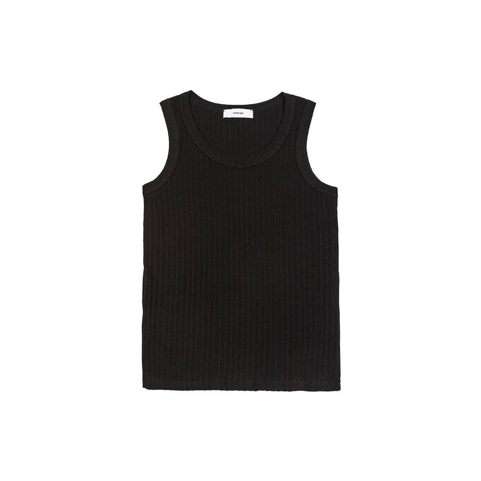 Black ribbed sleeveless tank top with scoop neckline, flat lay front view