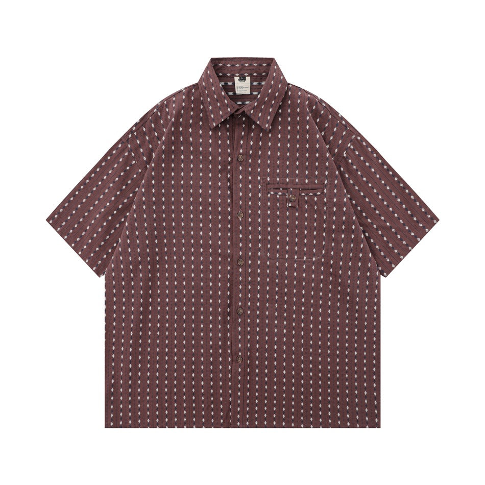 Brown-burgundy short-sleeve striped shirt with white diamond dots, flat lay front view with chest pocket