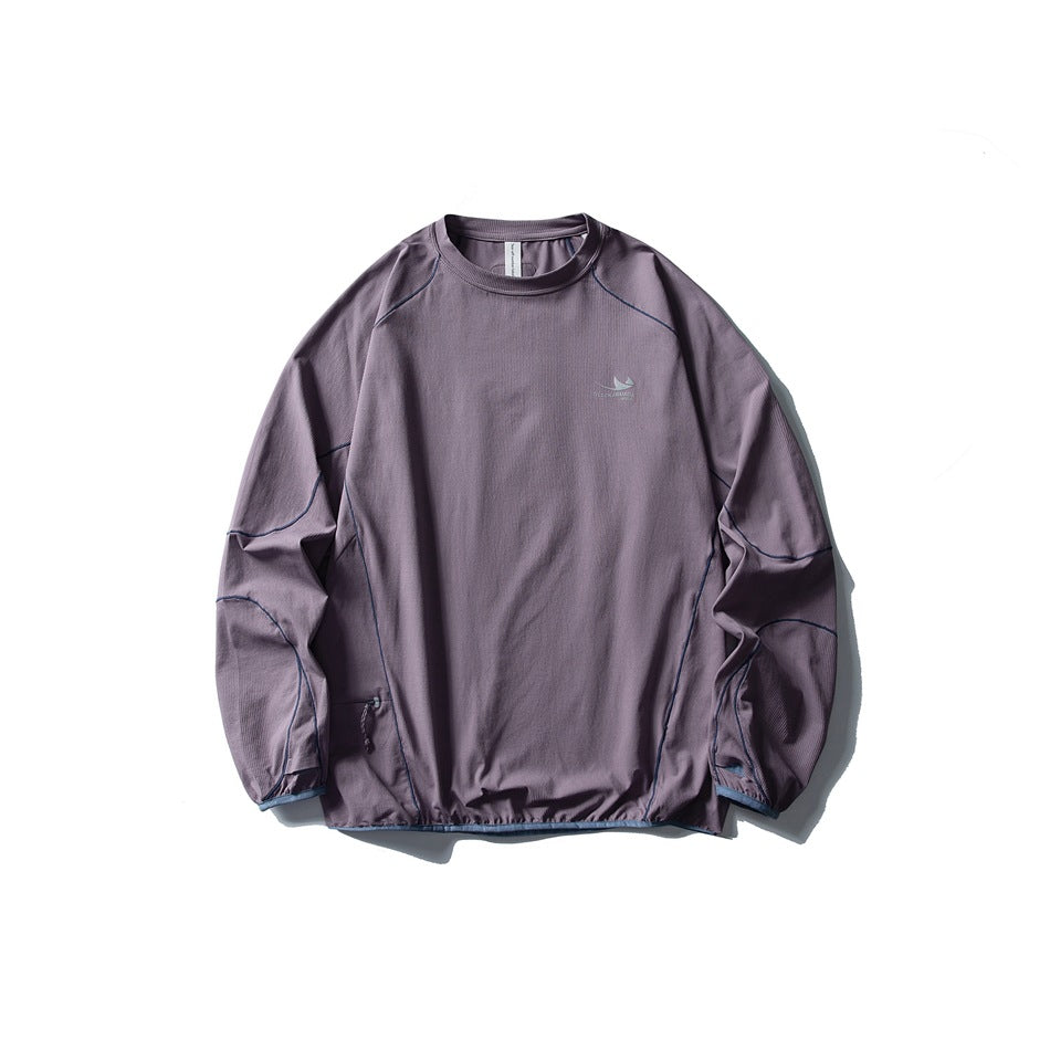 Dusky purple long-sleeve crew-neck top flat lay with blue contrast stitching and binding at hem and cuffs