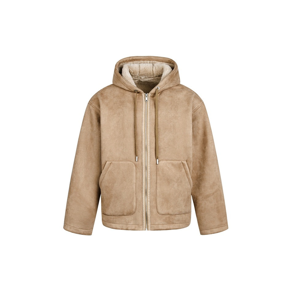 Brown suede-look hooded zip jacket, front view, with drawstrings, patch pockets and a cream plush hood lining