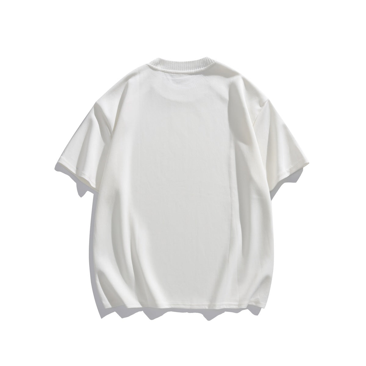 Back view of a plain white short-sleeve T-shirt with a ribbed crew neckline, shown flat against a white background.