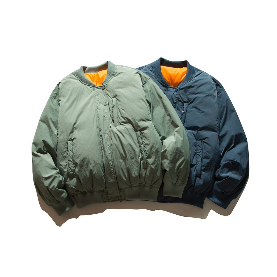 Sage green and navy bomber jackets displayed together, both with orange lining, ribbed collars, and front pockets.