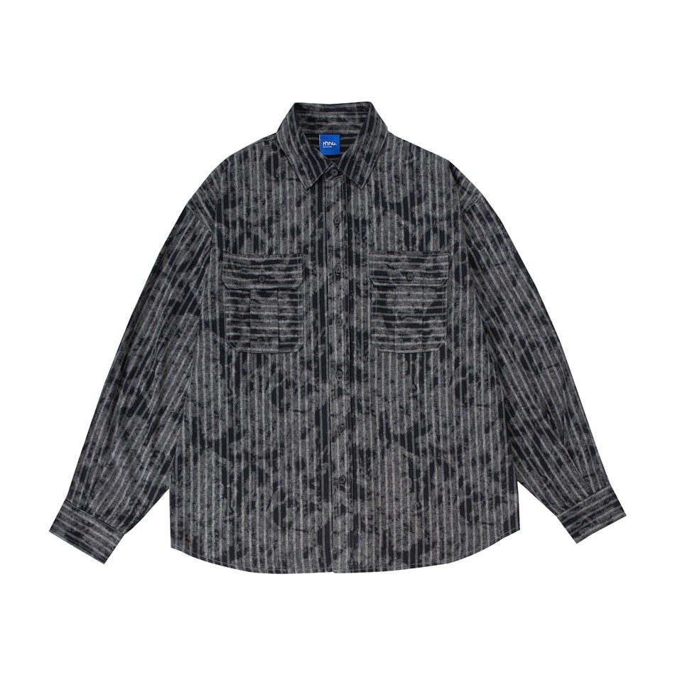 Black and gray striped button-up shirt with tie-dye-style pattern, two flap chest pockets, flat lay front view