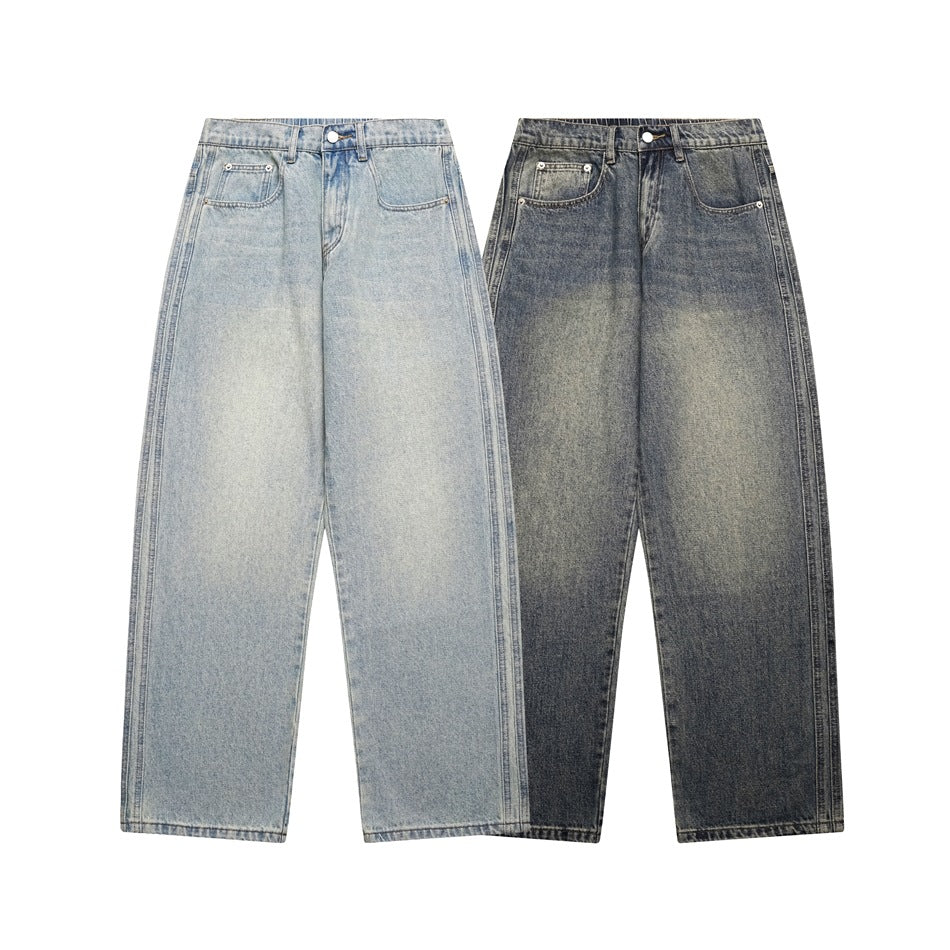 Two pairs of straight-leg jeans shown from the front in light and dark washes.