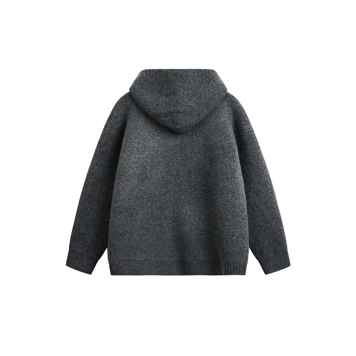 Back view of a charcoal gray hooded jacket with long sleeves and ribbed cuffs and hem, laid flat.