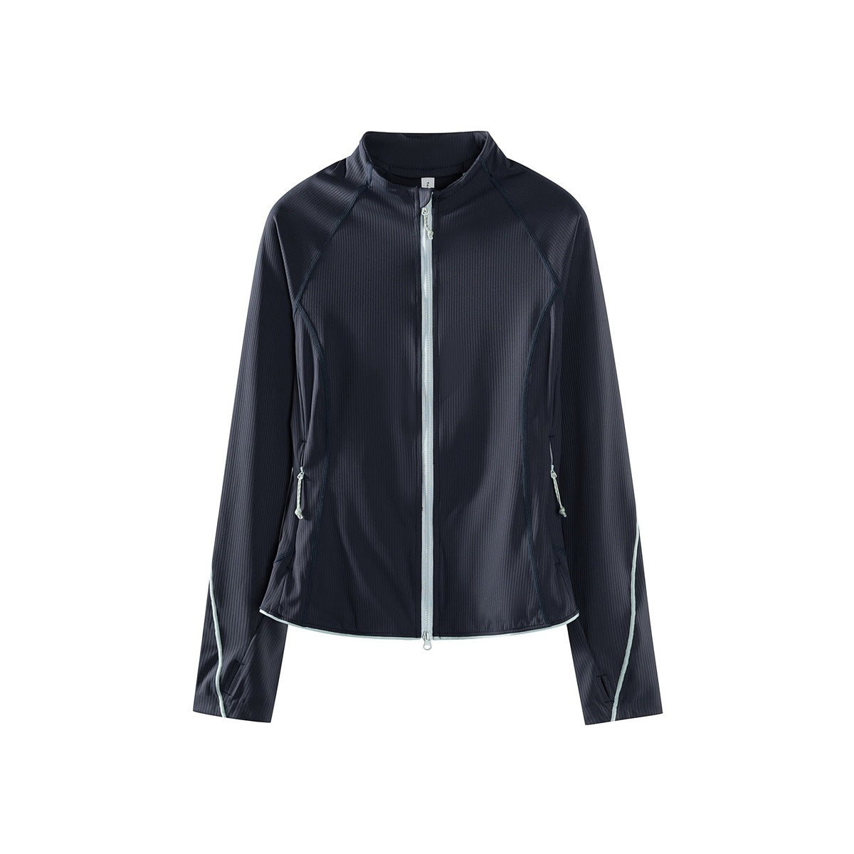 Black navy women's zip-up jacket with stand collar, pale mint zipper, piping and thumb holes, flat front view