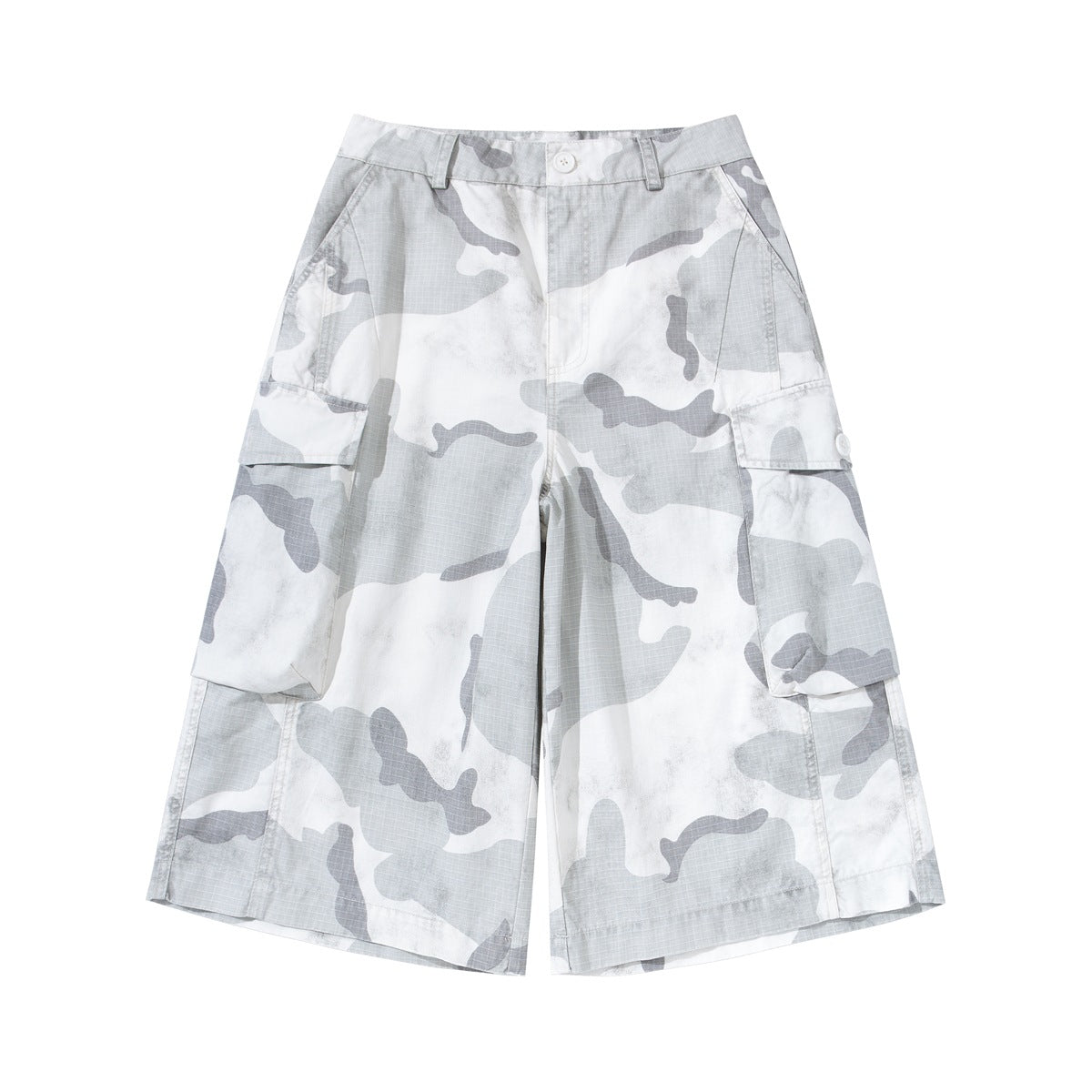 Front of gray and white camouflage knee-length cargo shorts with flap pockets and a button waist