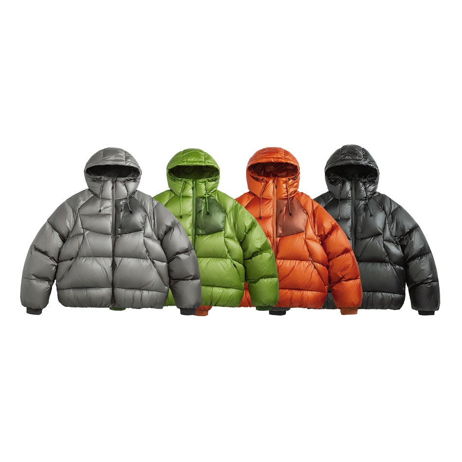 Four hooded puffer jackets shown from the front in gray, green, orange, and black.