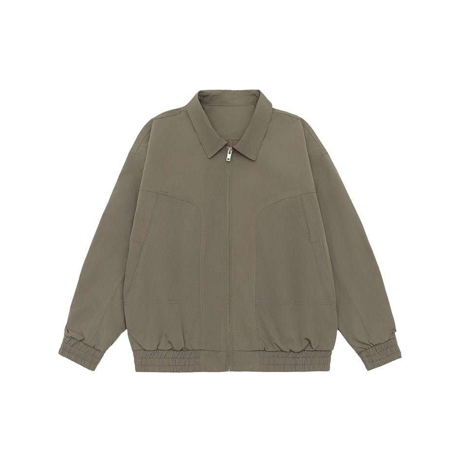 Khaki gray collared zip-front jacket flat lay with curved front seams and elastic cuffs and hem