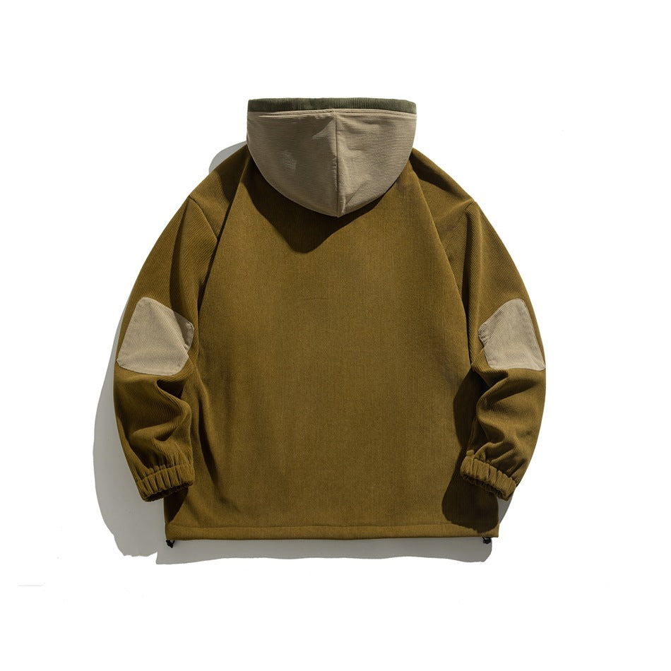 Back view of an ochre-brown hooded pullover with a beige hood and beige elbow patches.